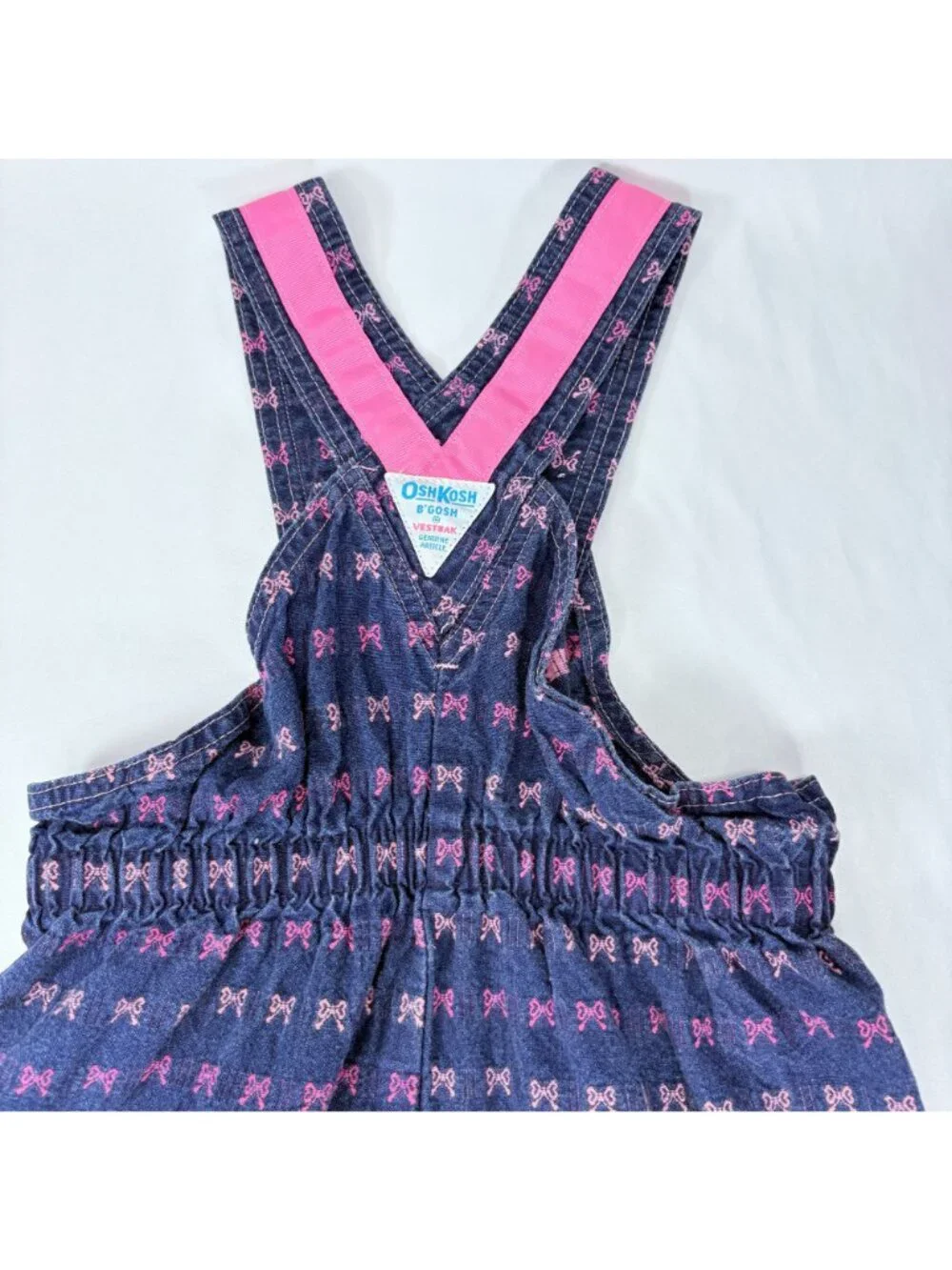 Vintage Oshkosh Girls Pink Ribbon Bow Embroidered Denim Dress 5